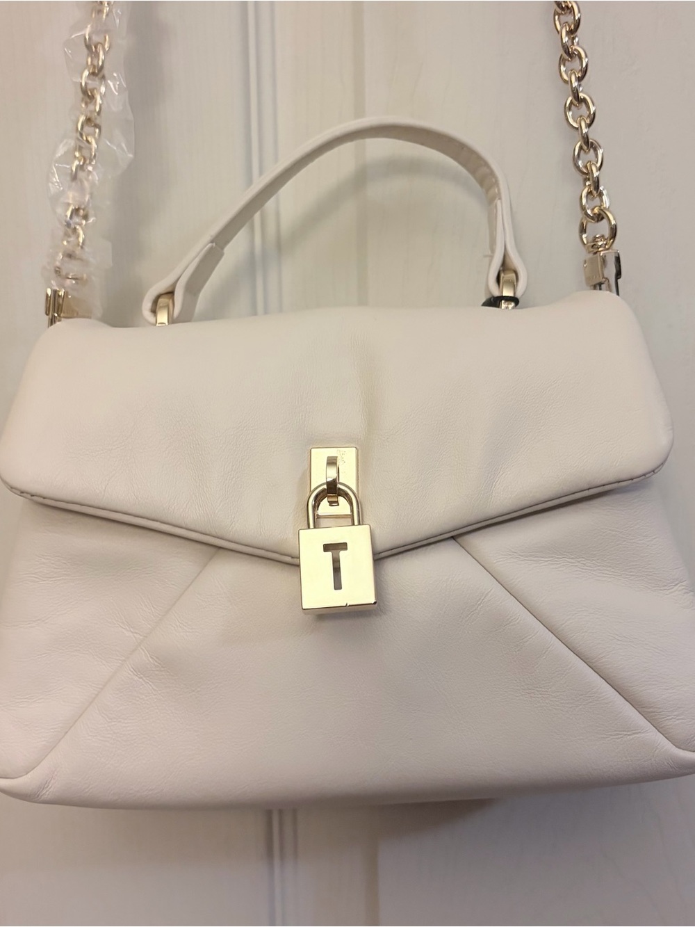 NWT Ted Baker Poppy Leather Satchel Cream Crossbody with Gold Chain